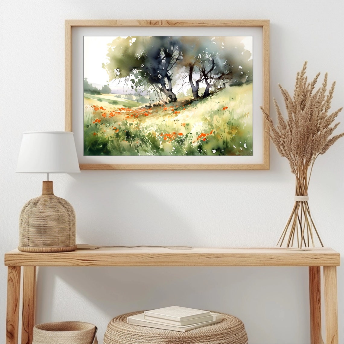 Sunlit Hillside Old Trees Orange Poppy Meadow Watercolor Poster - Image 5