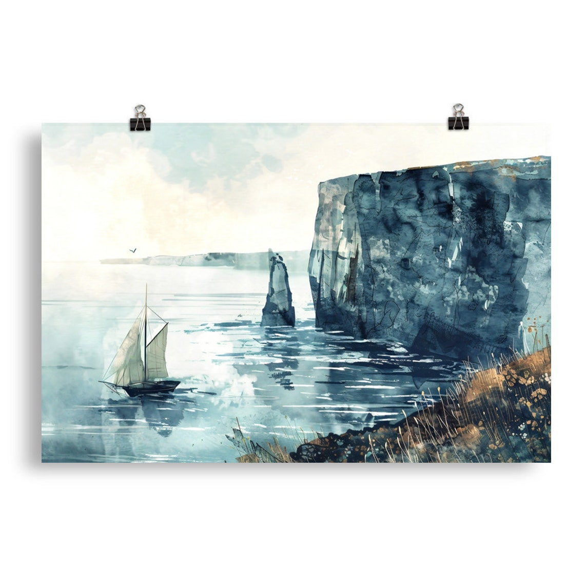 Sailboat By Blue Sea Cliffs Rocky Stack Watercolor Nautical Poster - Image 5