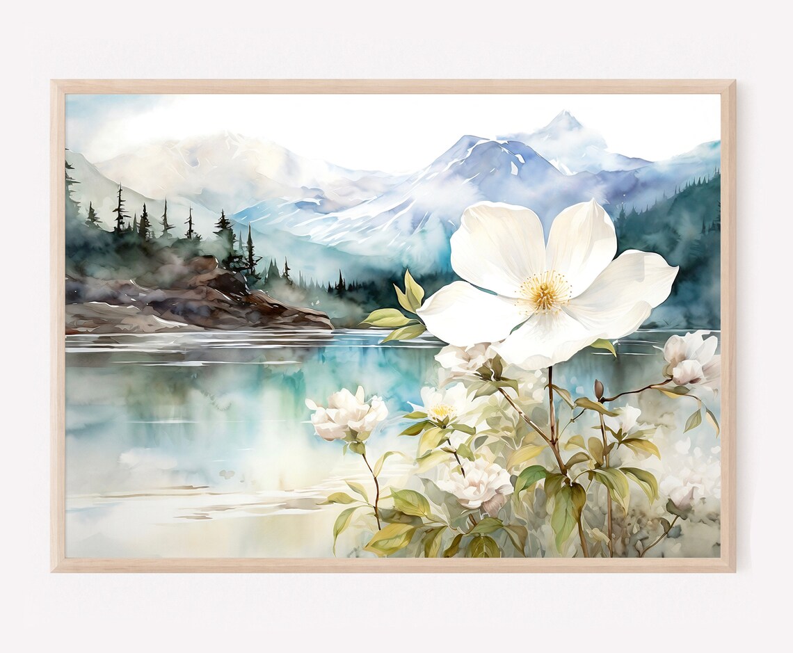 Alaska Mountain Lake Watercolor Wall Art Print