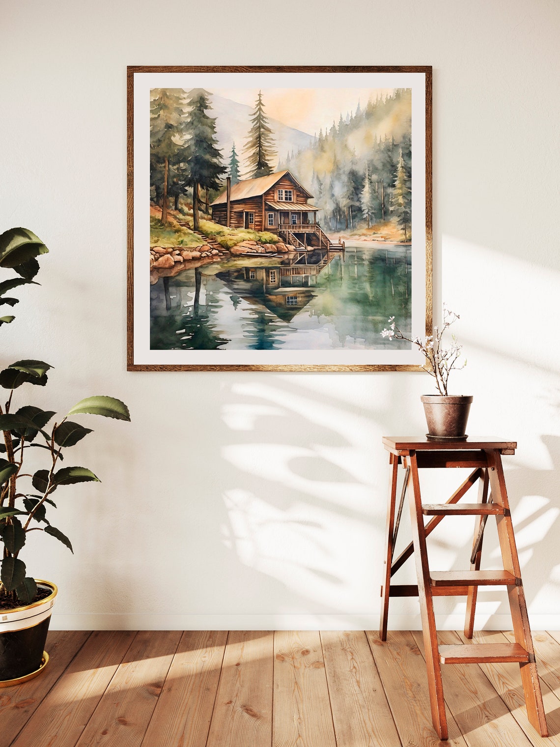 Log Cabin On Mountain Lake Reflection Pine Forest Watercolor Poster - Image 4
