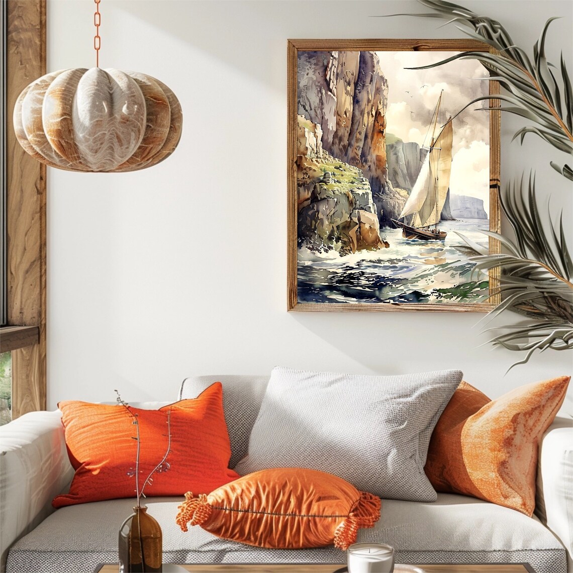 Irish Cliffs With Boat Sailing Watercolor Art Print - Image 3