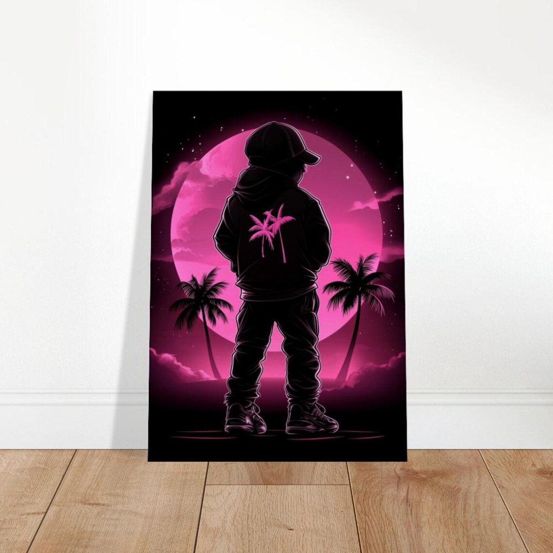 Neon Sunset Dreams Kid Hoodie Pink Moon Palm Trees Retro Art Print