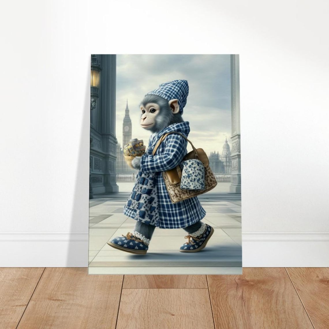 Monkey In Blue Plaid Coat London Fashion Cute Street Style Poster