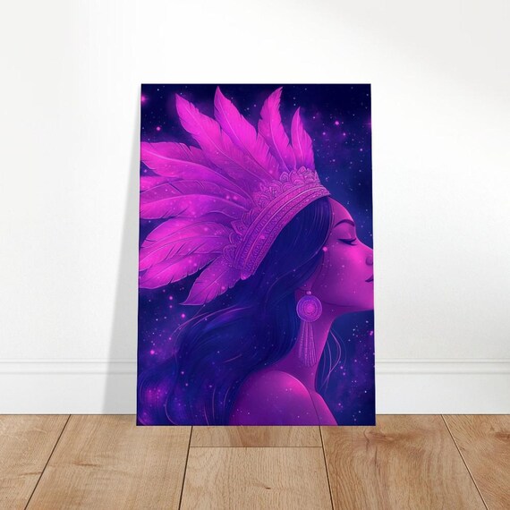 Celestial Feather Headdress Woman Portrait Magenta Cosmic Night Art Print