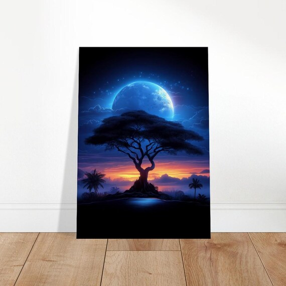 Enchanted Twilight Tree Canvas Art Cosmic Savannah Moonrise African Landscape Wall Decor Celestial Dreamscape Print