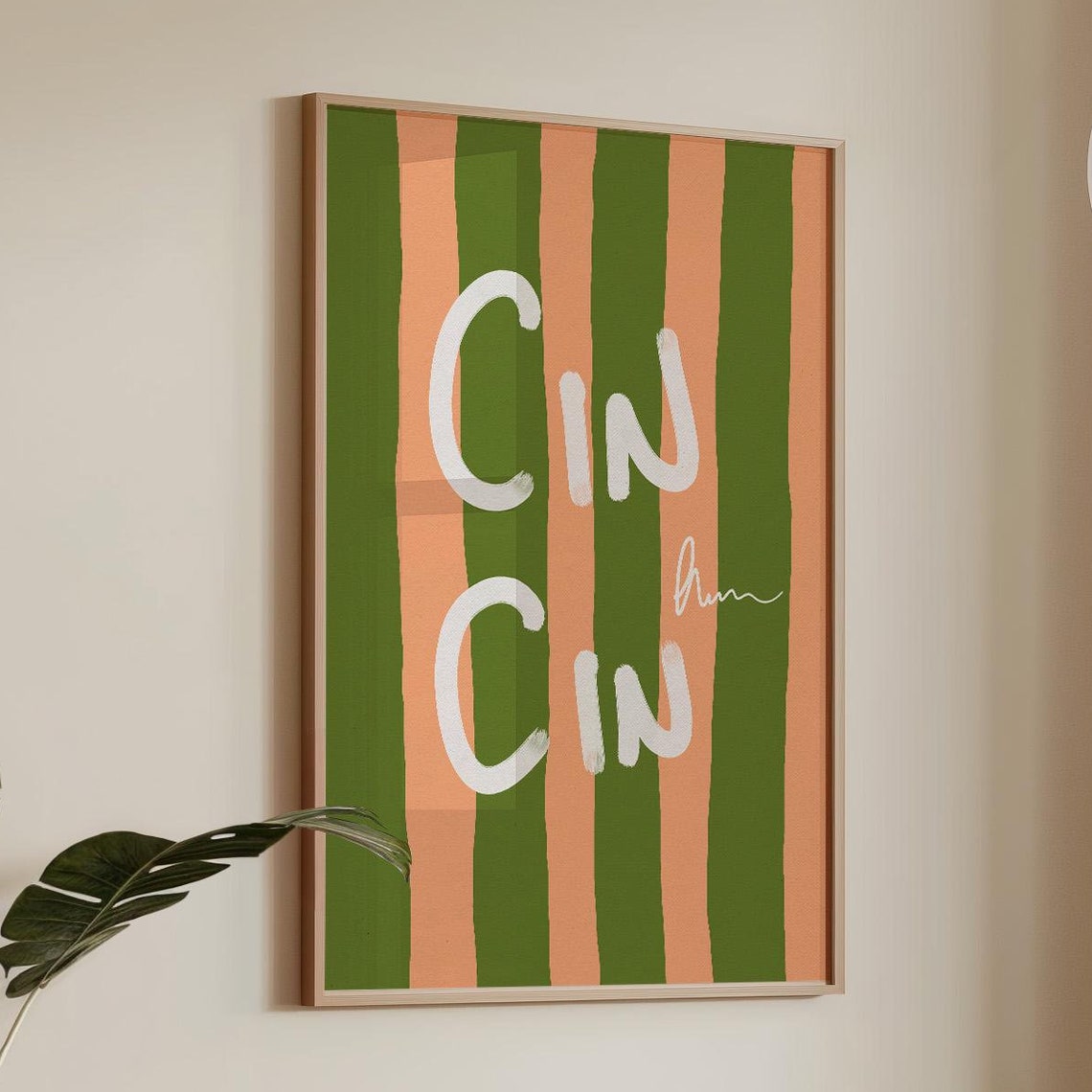 Cin Cin Hand Drawn Typography Poster Green Peach Striped Design