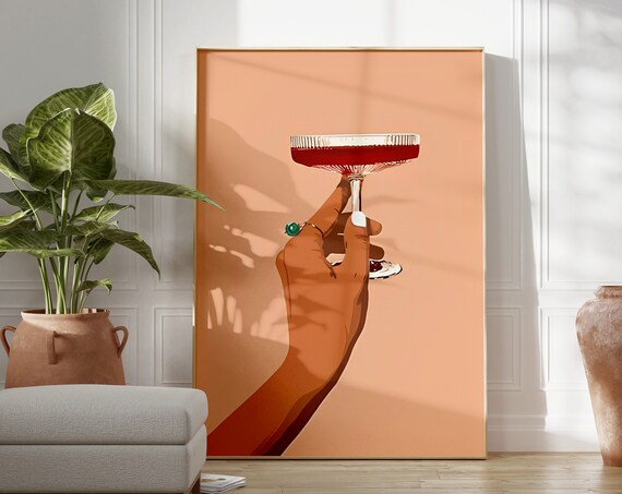 Hand Holding Red Cocktail Minimalist Trendy Bar Poster Art Decor