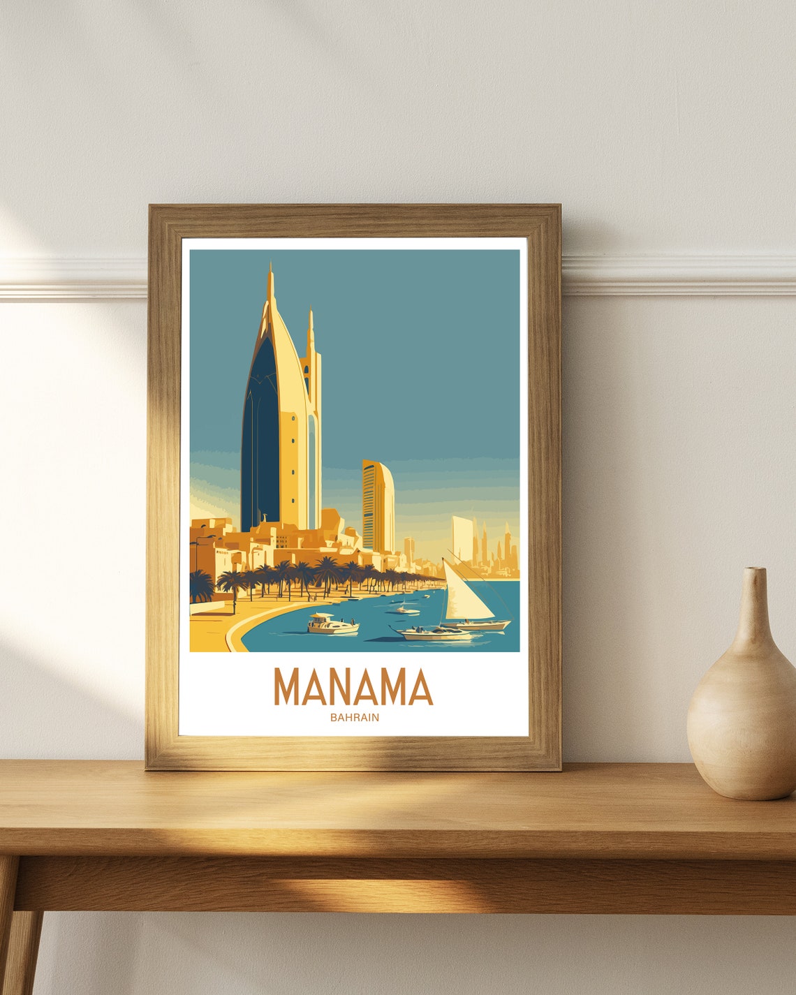Manama Bahrain Sail Tower Skyline And Dhow Boats Harbor Sunset Poster - Image 4