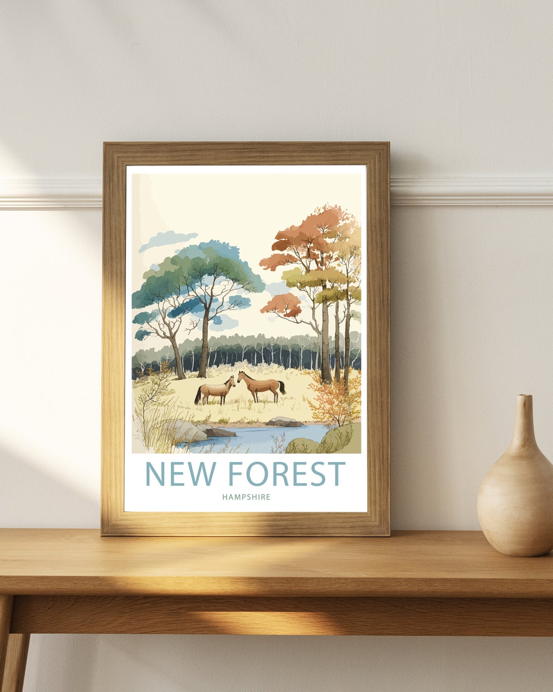 New Forest Hampshire Autumn Ponies By The Stream Watercolor Poster - Image 4