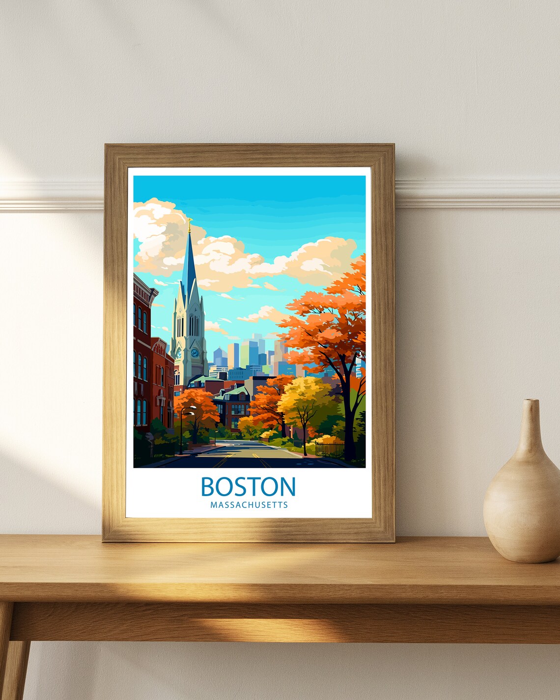 Boston Massachusetts Historic Church Spire Autumn Street Travel Poster - Image 3