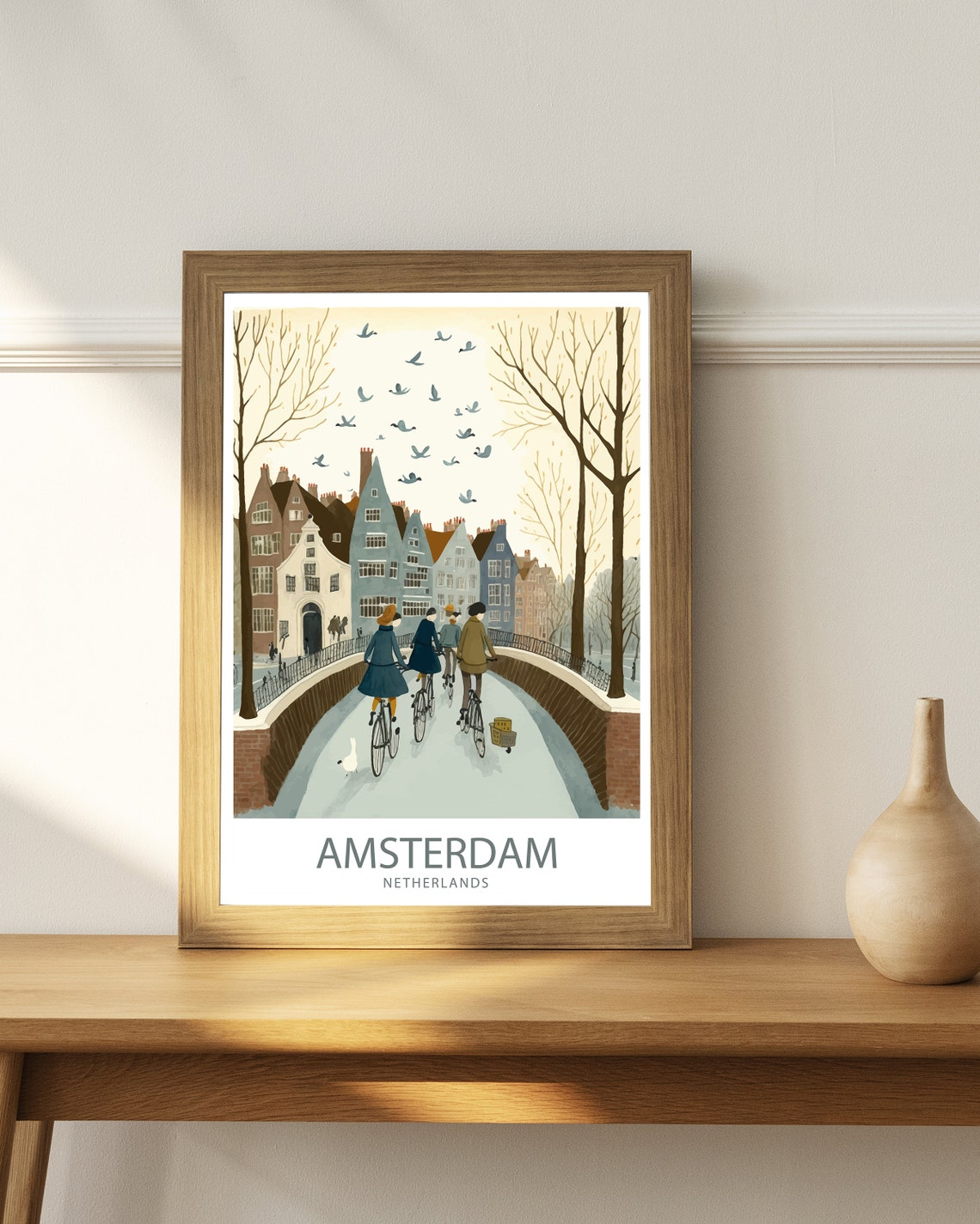 Amsterdam Netherlands Winter Canal Bridge Cyclists Art Poster - Image 3