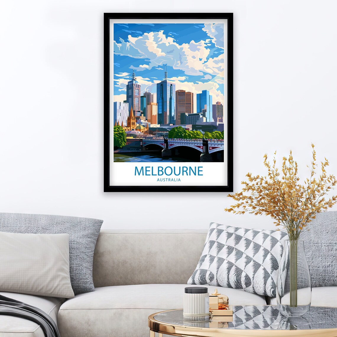 Melbourne Australia City Skyline Over the Yarra River Art Poster
