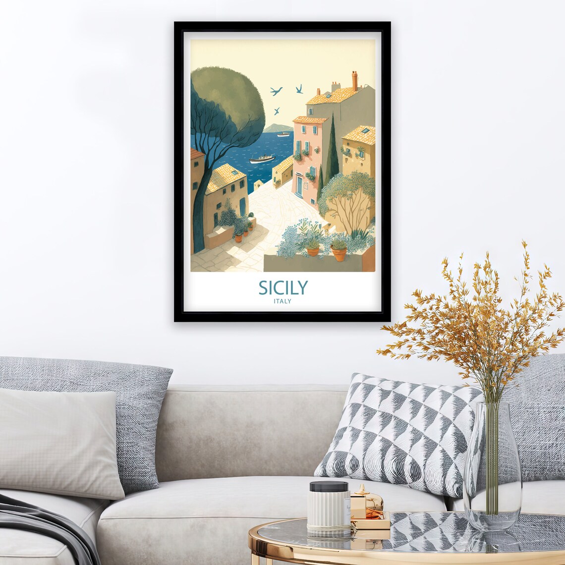 Sicily Italy Sunlit Village Square Sea View Vintage Travel Poster - Image 2
