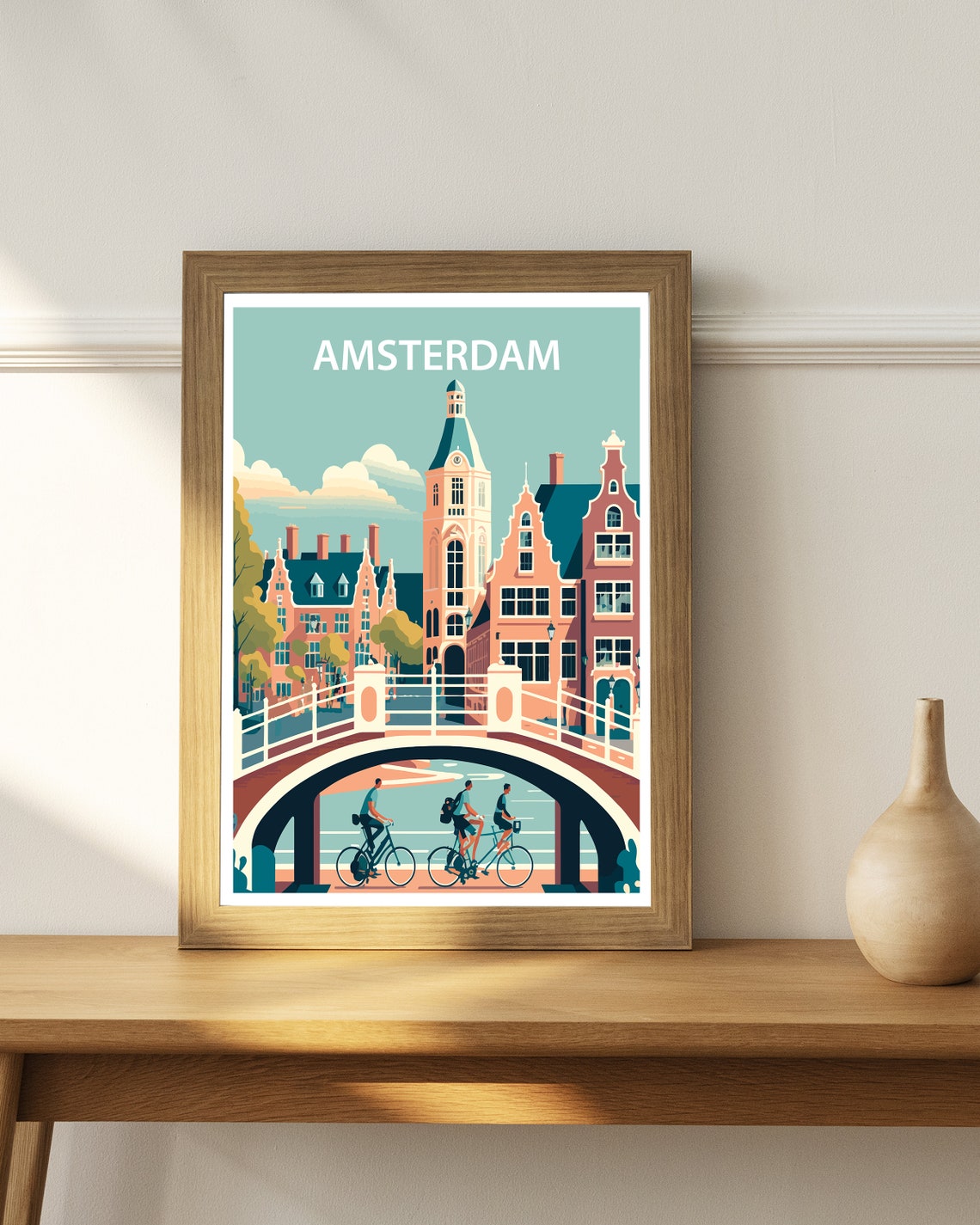 Amsterdam Canal Bridge Cyclists Church Tower Pastel Travel Poster - Image 3
