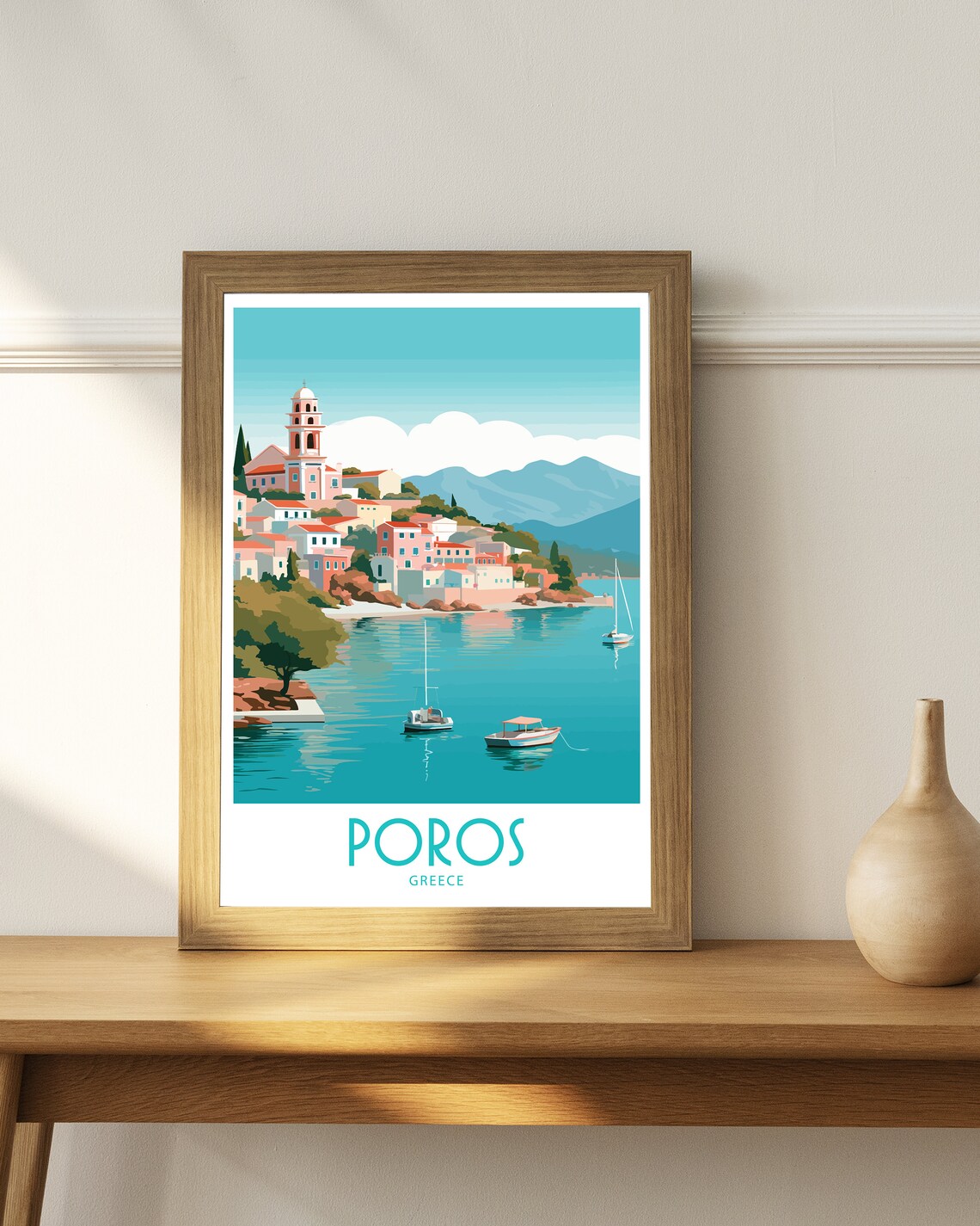 Poros Greece Hillside Town Church Bell Tower Sailboat Bay View Poster - Image 4