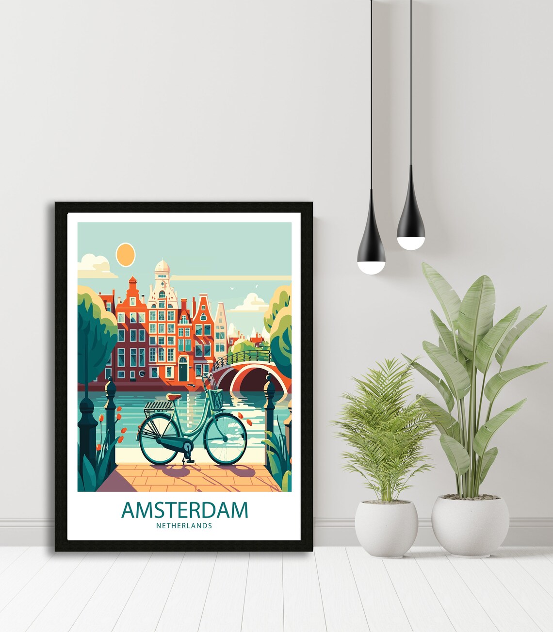 Amsterdam Netherlands Canal Bridge Bicycle Tulips Travel Poster - Image 4