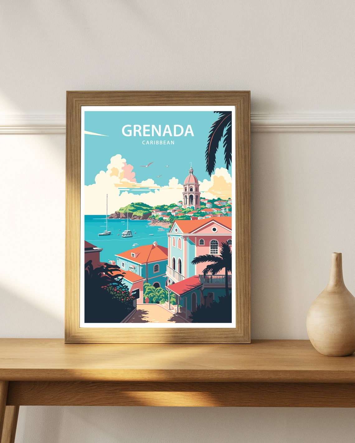 Grenada Caribbean Coastal Church Tower And Turquoise Bay Travel Poster - Image 3