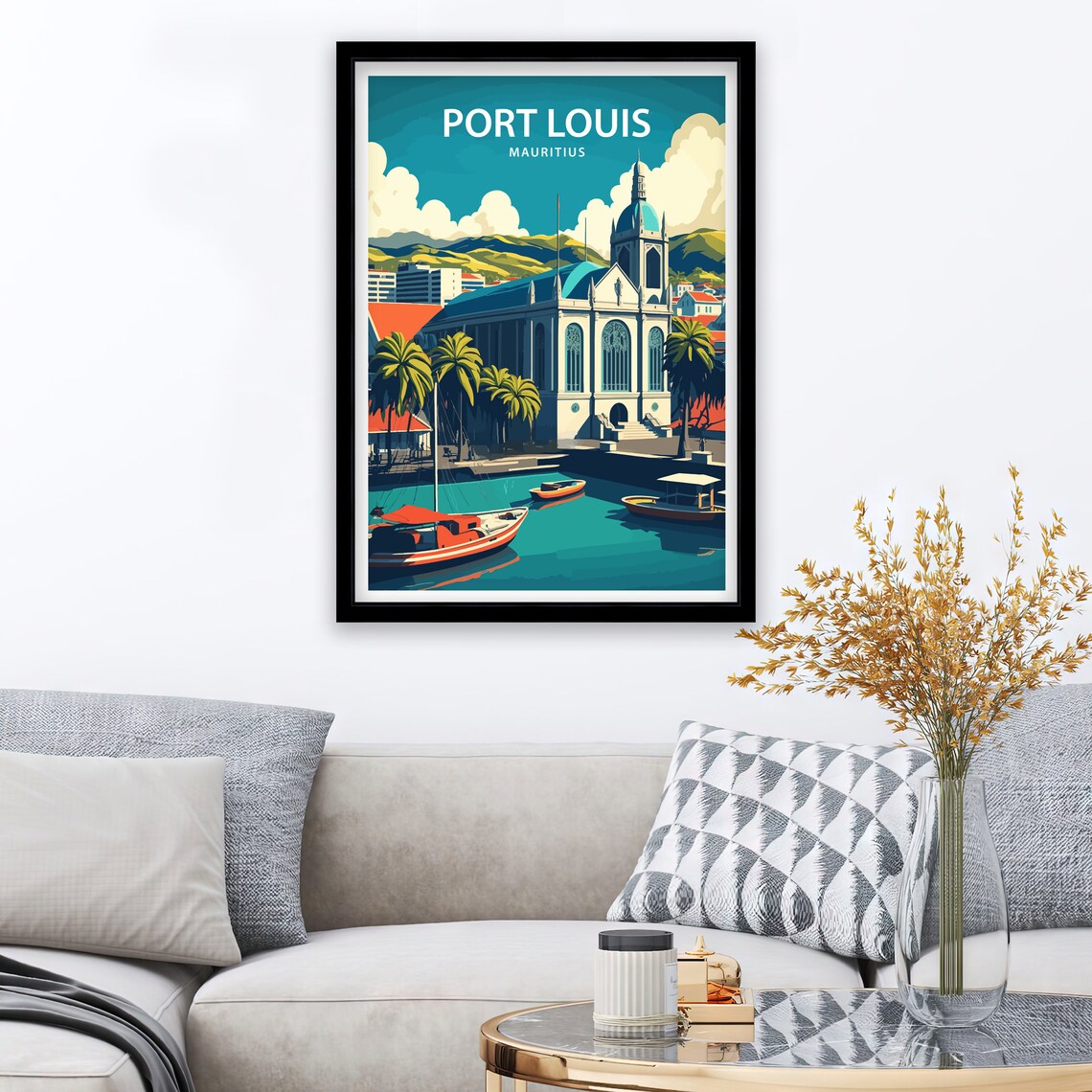 Port Louis Mauritius Waterfront Church Palms And Boats Tropical Poster - Image 3
