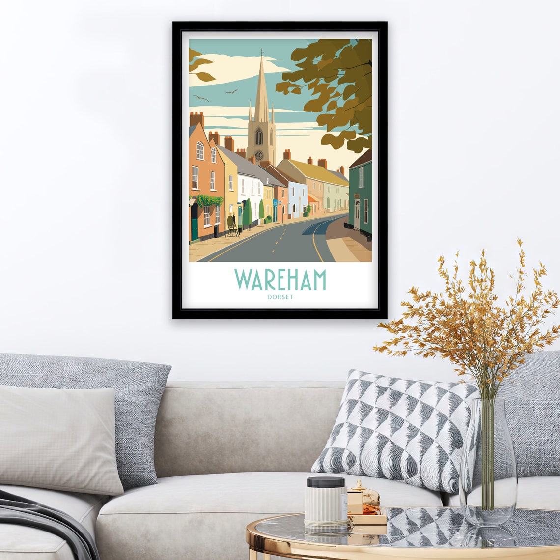 Wareham Dorset Historic High Street Church Spire Retro Art Poster - Image 4