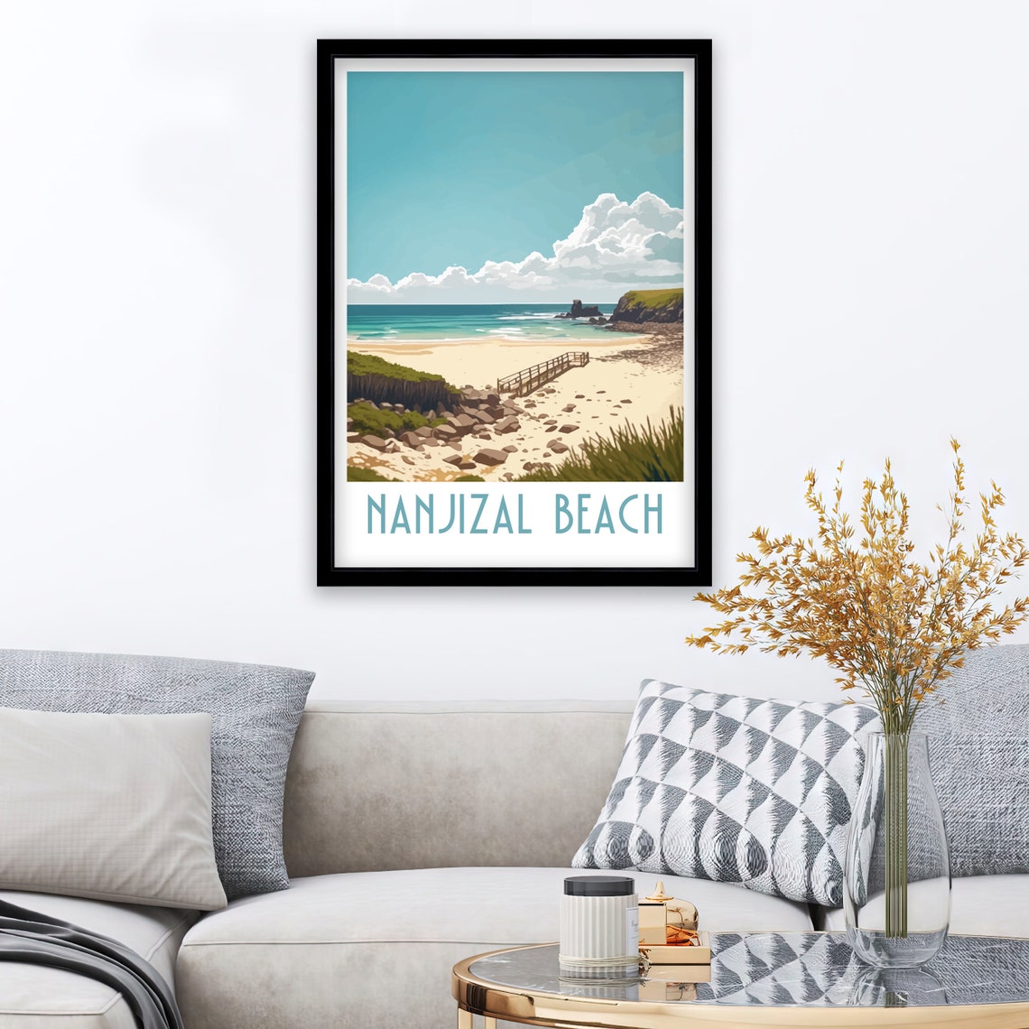 Nanjizal Beach Cornwall Sandy Shore Footbridge Rocks Retro Art Poster - Image 3