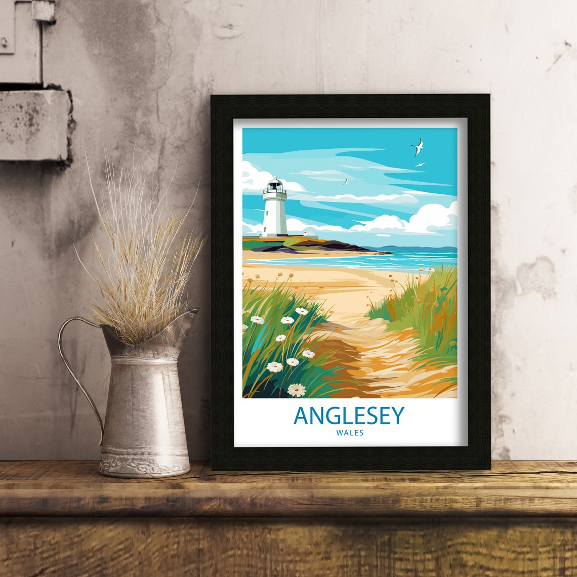 Anglesey Wales Lighthouse on a Sandy Beach Coastal Scene Poster - Image 6