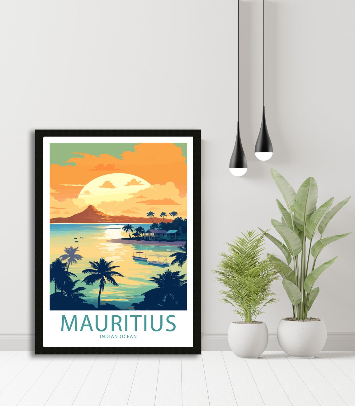 Mauritius Indian Ocean Palm Beach Sunset Illustrated Travel Poster - Image 5