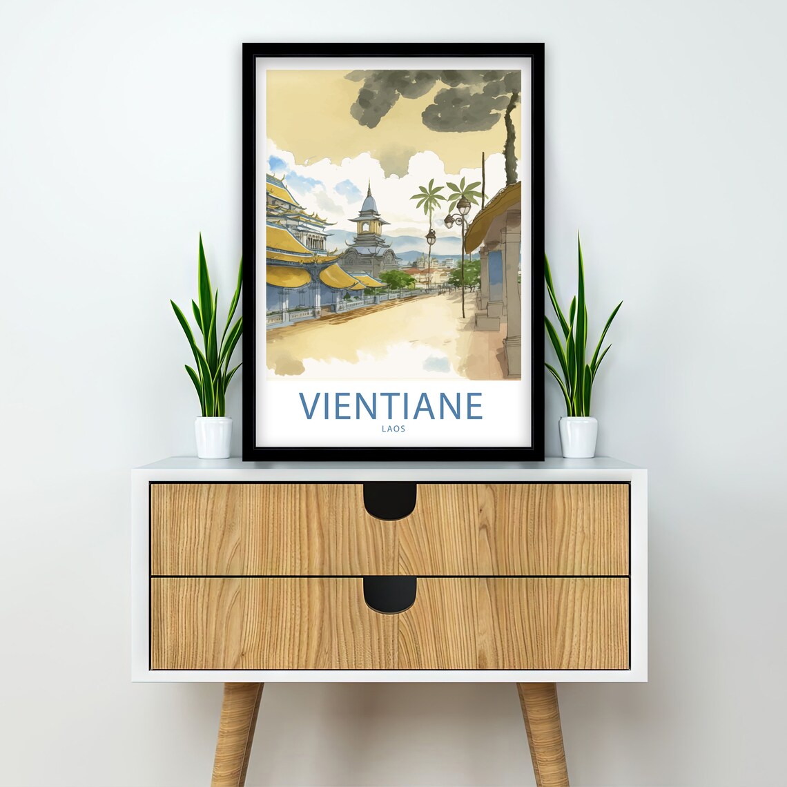 Vientiane Laos Golden Temple Terrace Palm Trees Watercolor Poster - Image 2