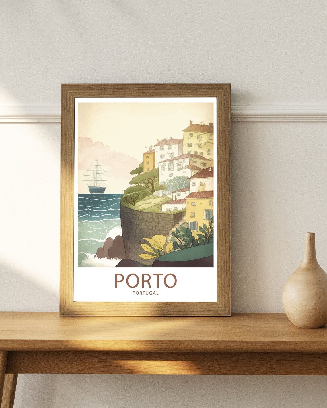 Porto Portugal Riverside Cliff Houses Sailboat Vintage Art Poster - Image 4