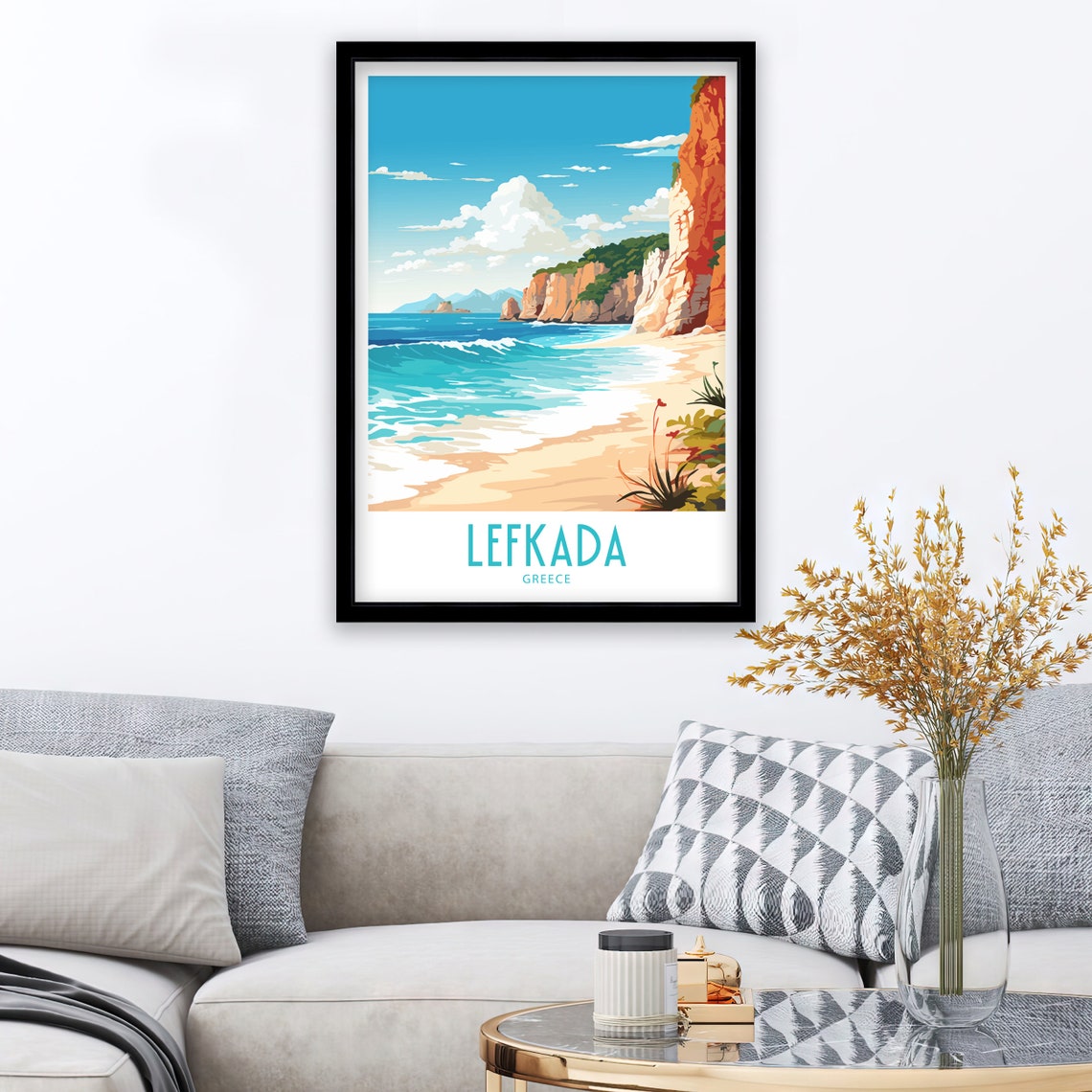 Lefkada Greece Red Cliffs Golden Sandy Beach Retro Travel Poster - Image 3