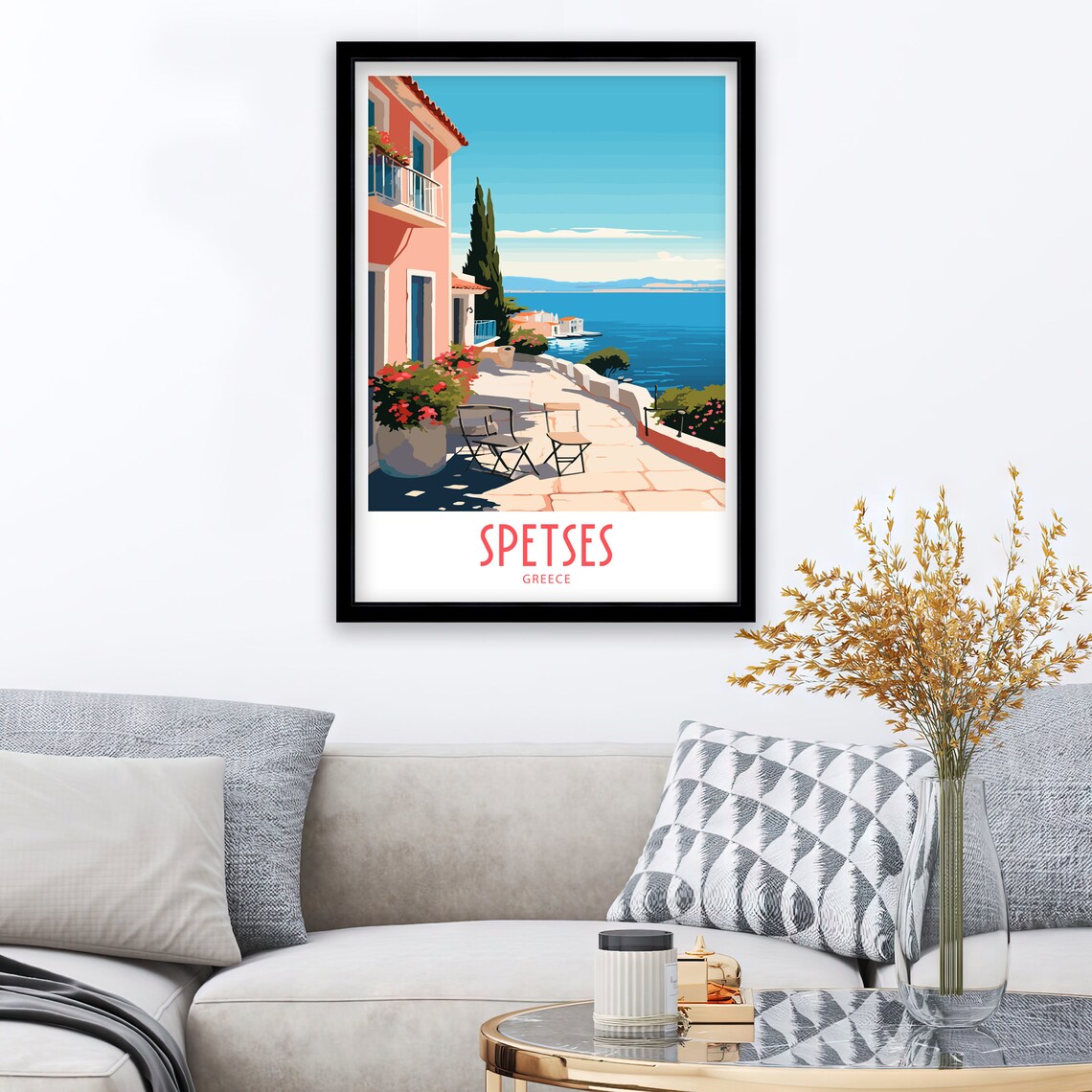 Spetses Greece Sunny Pink Terrace Sea View Retro Travel Poster - Image 3