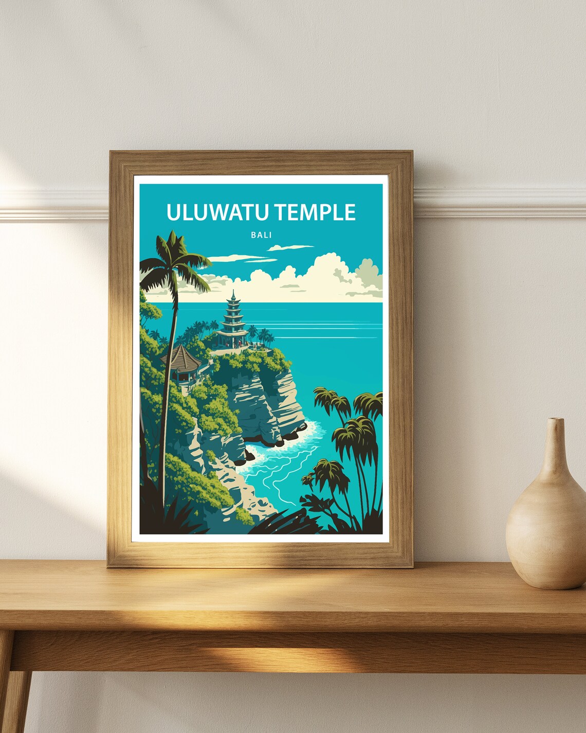 Uluwatu Temple Bali Palm Fringed Cliff Ocean Teal Travel Poster - Image 3