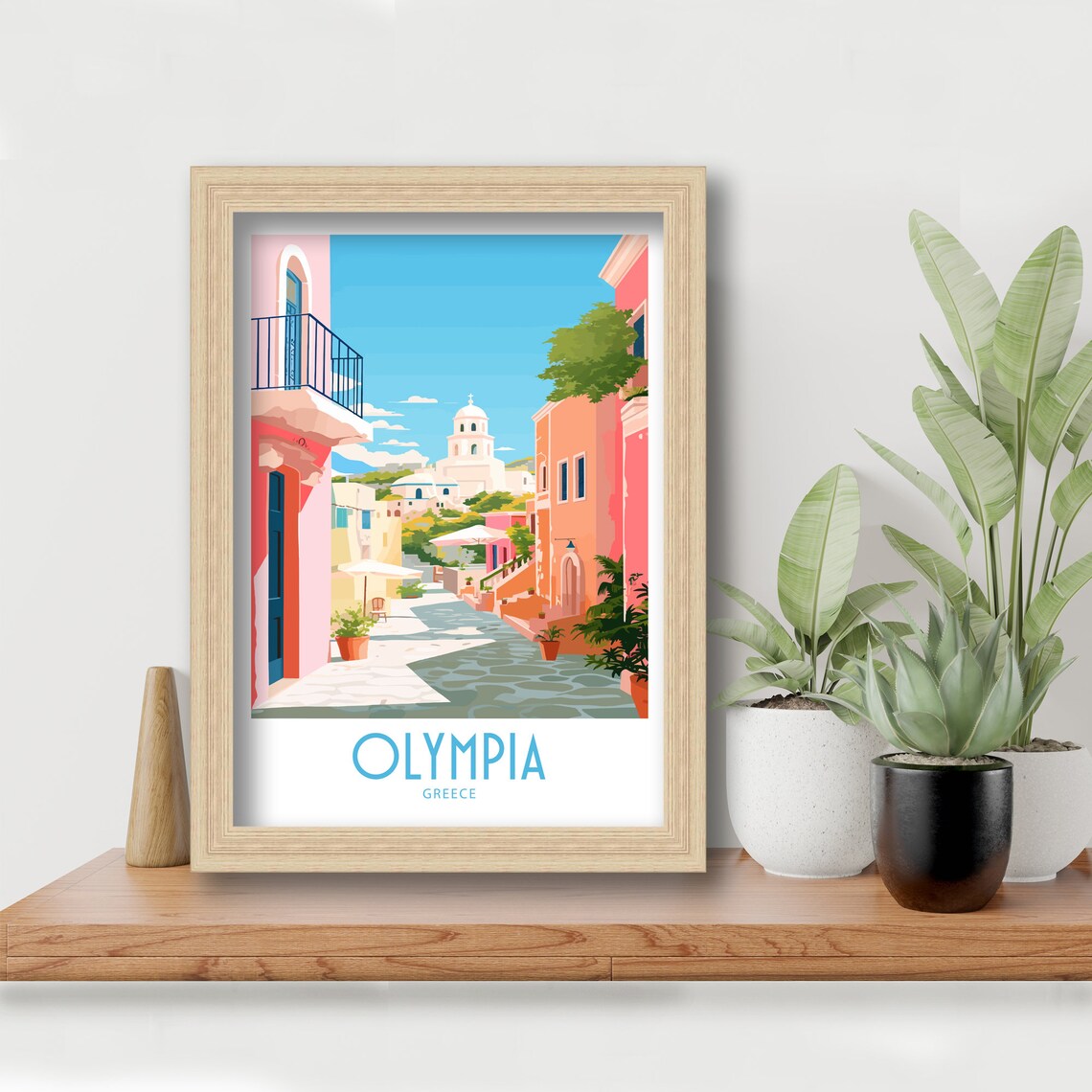 Olympia Greece Pink Street White Church Dome Sunny Village Art Poster - Image 6