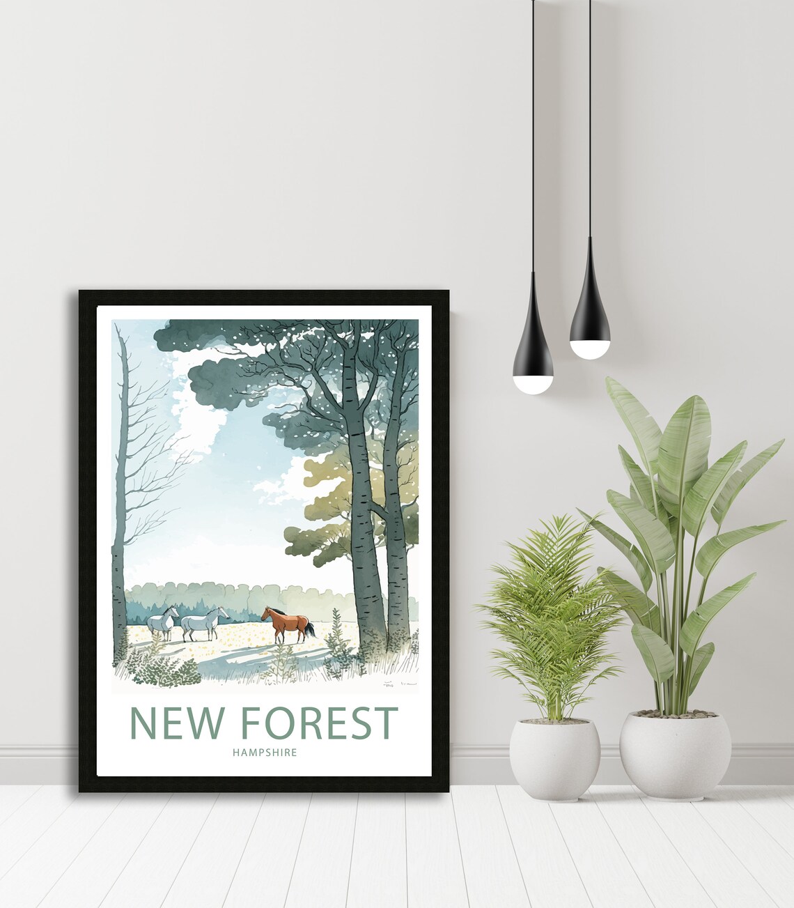 New Forest Hampshire Horses Woodland Watercolor Nature Scene Poster - Image 5