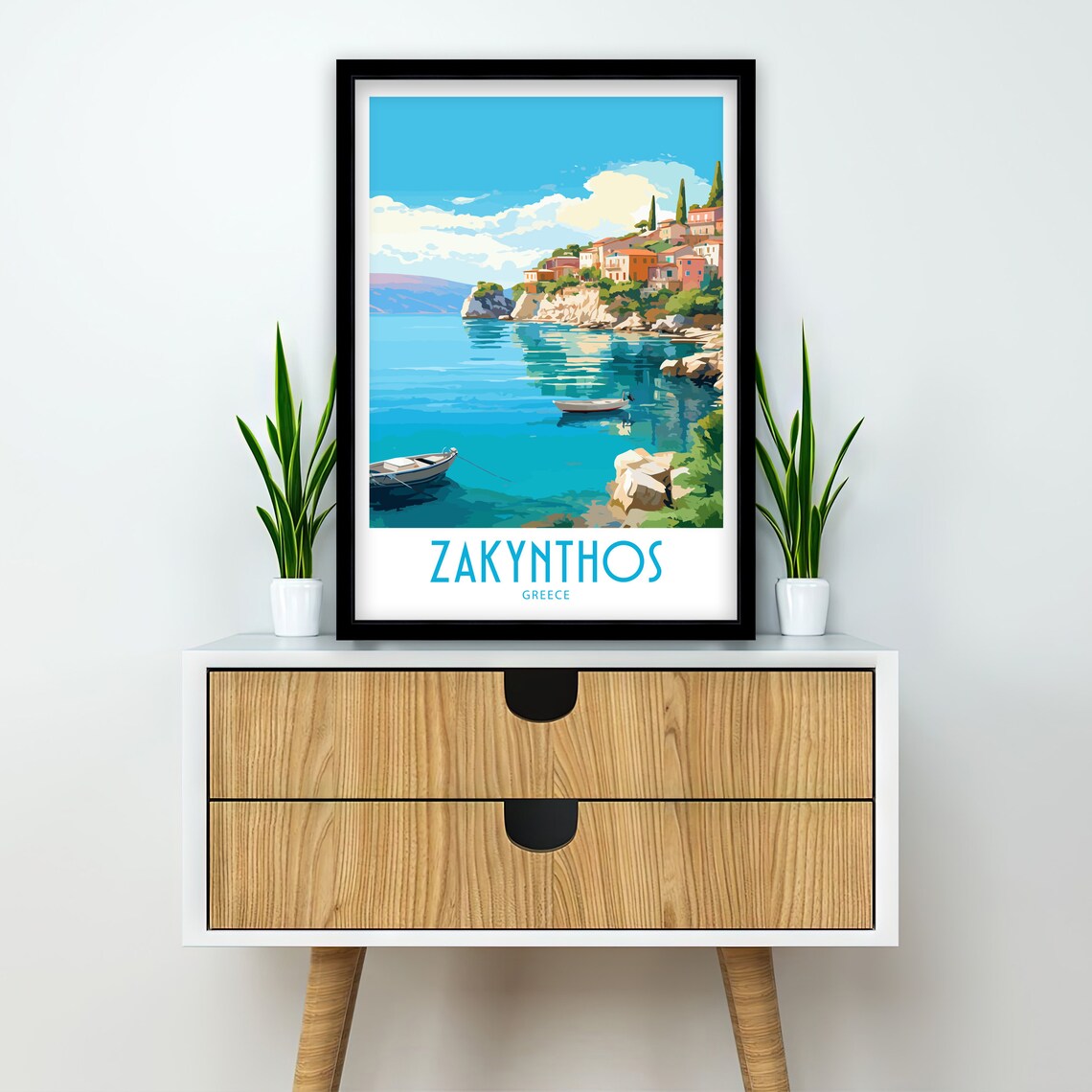Zakynthos Greece Cliff Village Turquoise Rowboats Travel Poster - Image 2