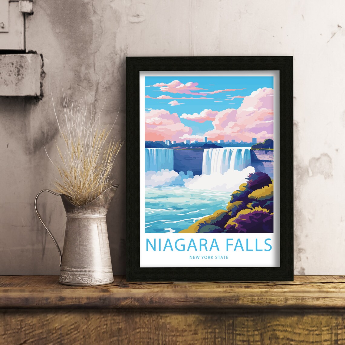 Niagara Falls New York State Falls Pink Sky Illustrated Travel Poster - Image 6