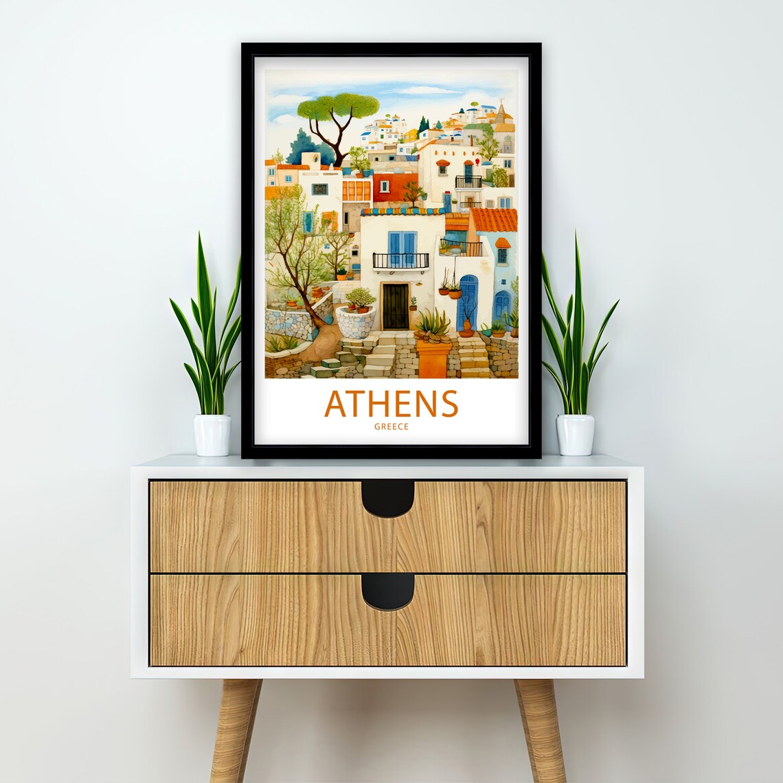 Athens Greece White Washed Old Town Houses Watercolor Art Poster - Image 2