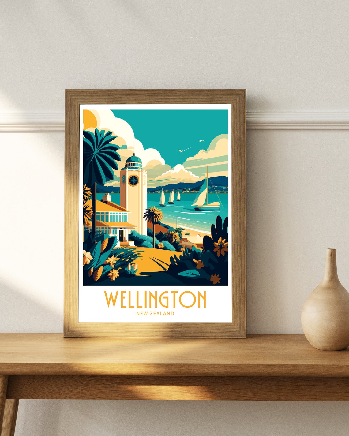 Wellington New Zealand Clock Tower Harbor Sailboats Vintage Poster - Image 5