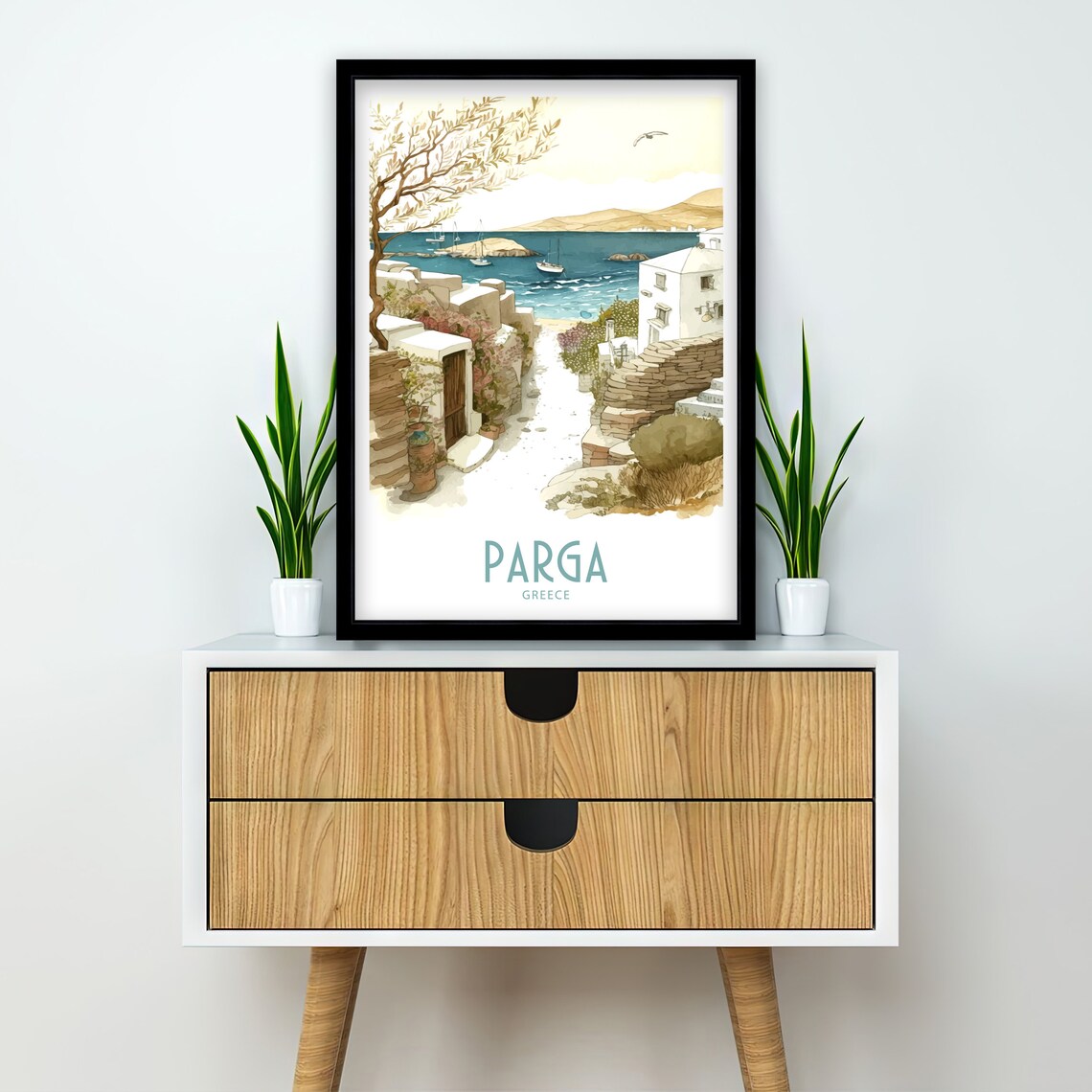 Parga Greece Watercolor White Alley Harbor Boats Olive Tree Art Poster - Image 2