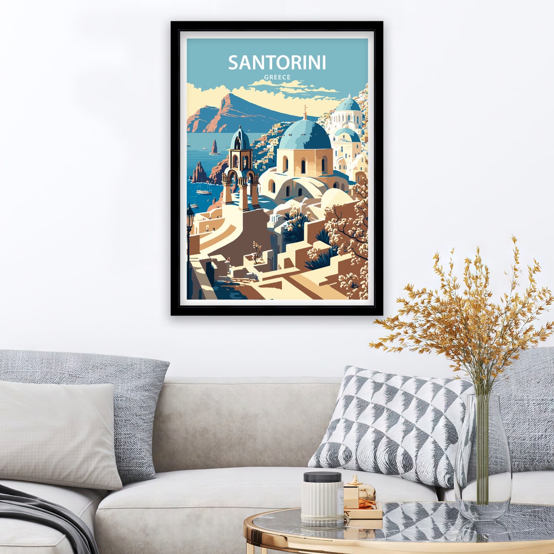 Santorini Greece Blue Domed Churches Over Oia Caldera Travel Poster - Image 2