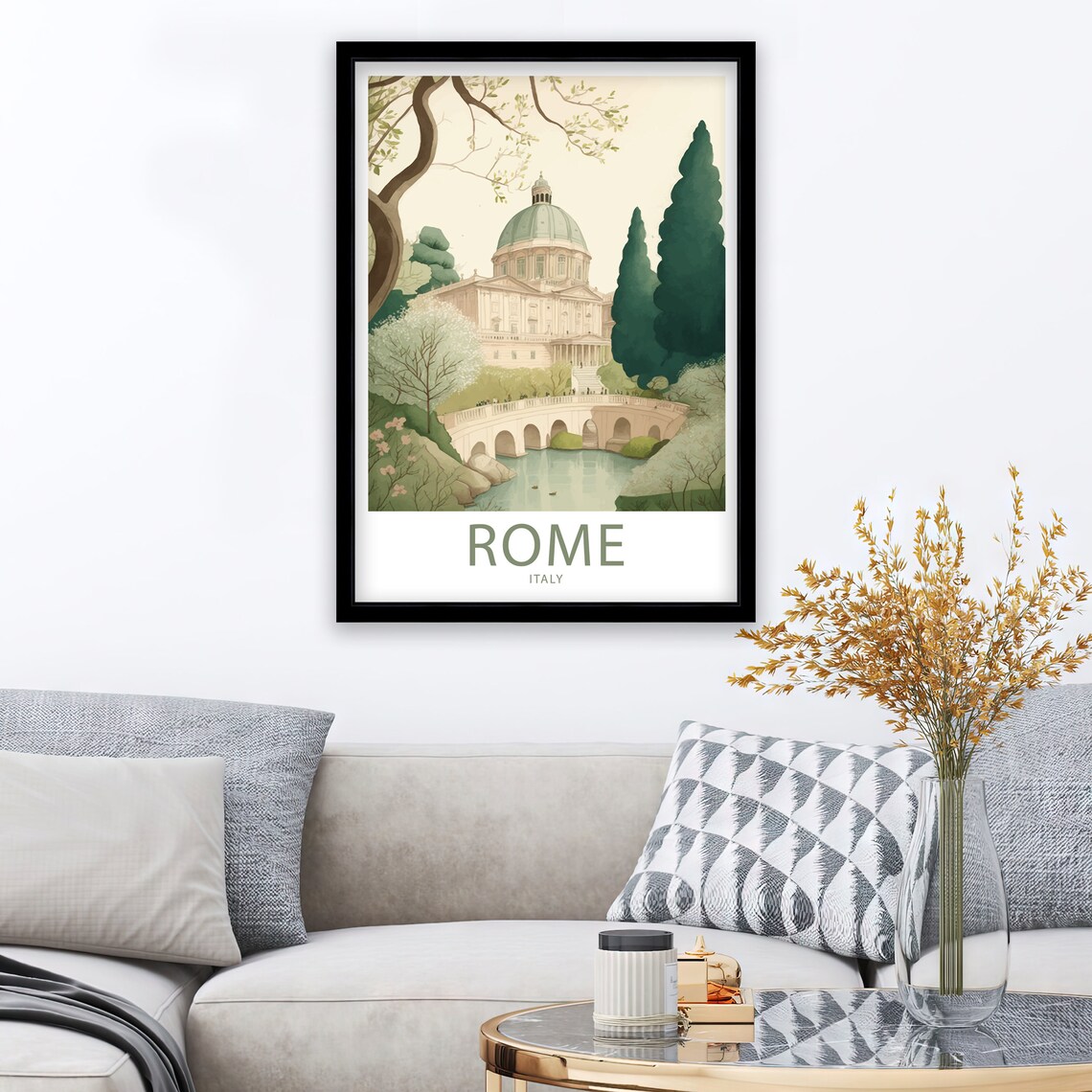 Rome Italy Domed Basilica Bridge Garden Historic City Art Poster - Image 2
