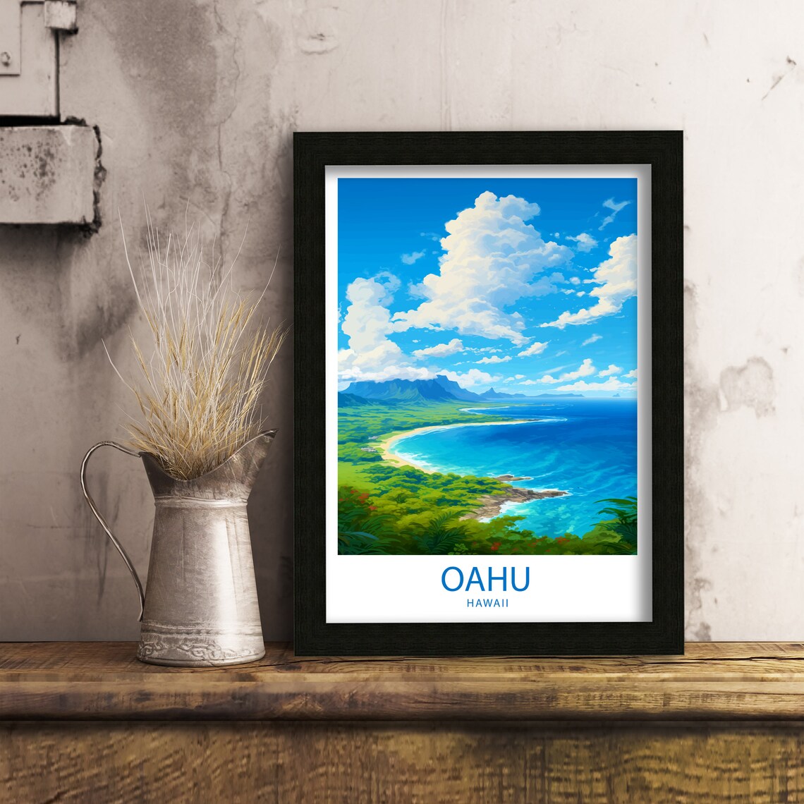 Oahu Hawaii Turquoise Bay Lush Green Hillside Coastline Art Poster - Image 6