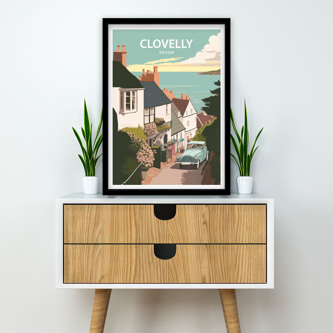 Clovelly Devon Steep Cobbled Street And Vintage Car Sea View Poster - Image 2