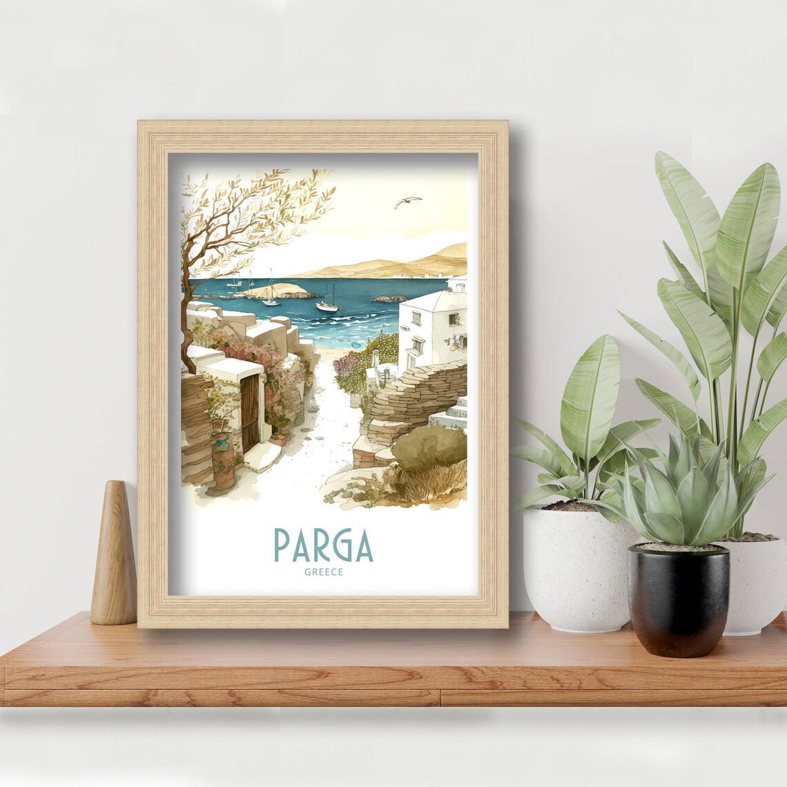 Parga Greece Watercolor White Alley Harbor Boats Olive Tree Art Poster - Image 6