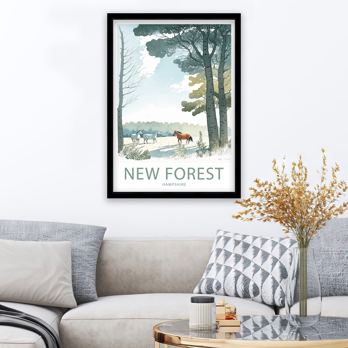 New Forest Hampshire Horses Woodland Watercolor Nature Scene Poster - Image 3