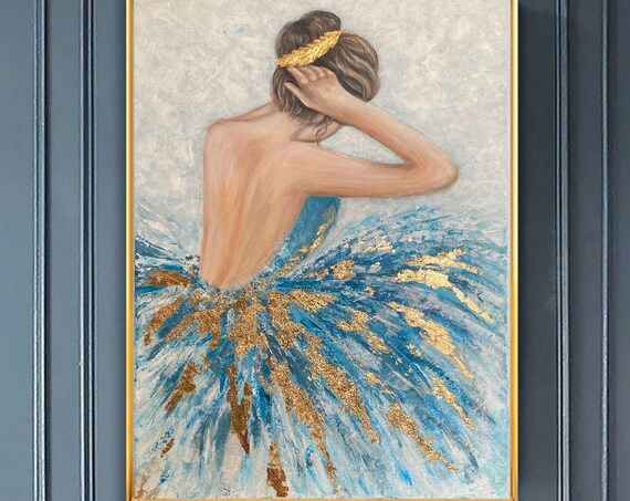 Ballerina Painting, Teal and Gold Wall Art Print