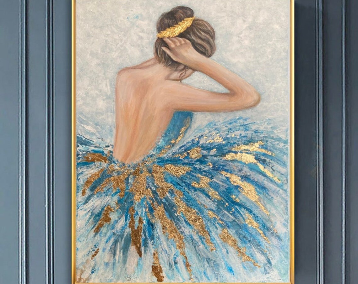Ballerina Painting, Teal and Gold Wall Art Print