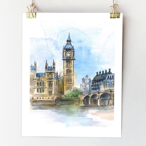 London Skyline Watercolor Art Print England Travel Poster