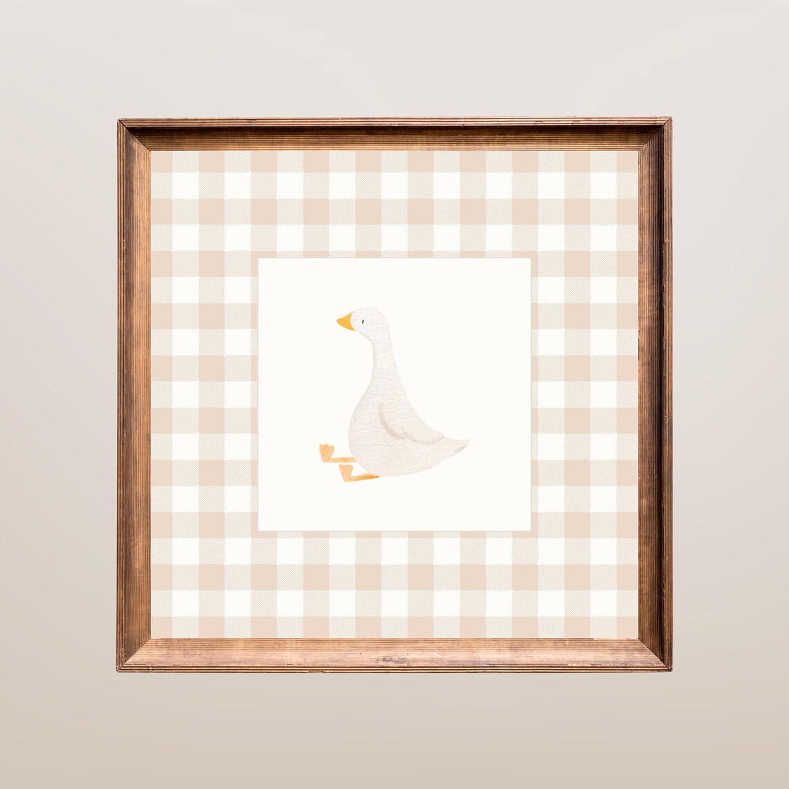 Sweet White Duck on Beige Gingham Farmhouse Nursery Art Print