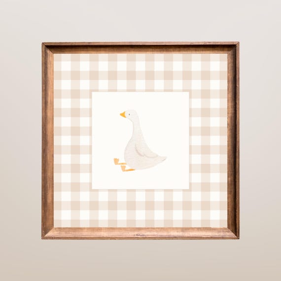 Neutral Duck Nursery Wall Art Baby Farm Animal Decor Beige Gingham Print Room Artwork Girl
