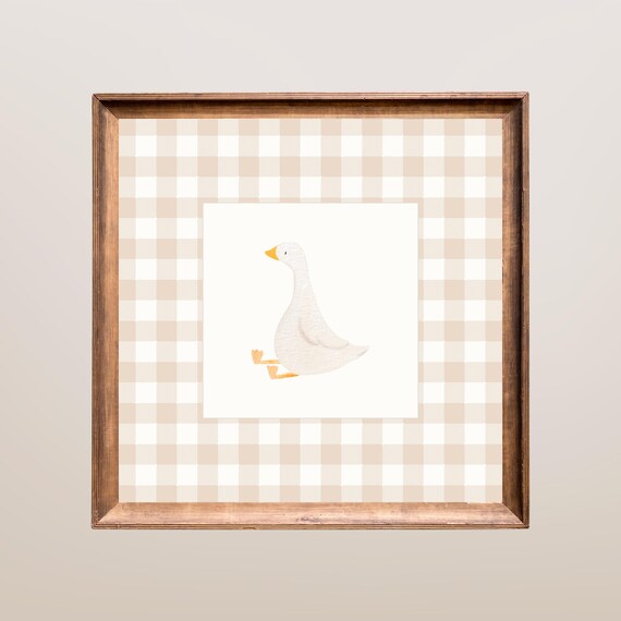 Sweet White Duck on Beige Gingham Farmhouse Nursery Art Print